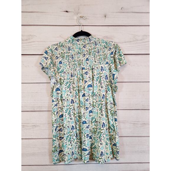 Torrid Blue Green Cotton Modal Jersey Smocked Mock Neck Floral Blouse Top 0X - Picture 2 of 6